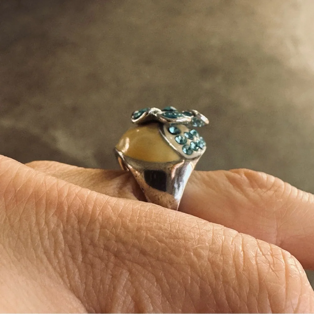 Floral Enamel Statement Ring in Cream and Teal Size 7